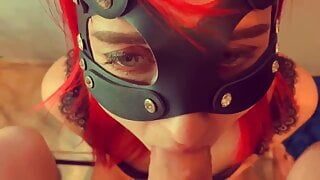 Gorgeous juicy blowjob from a beautiful girl in a cat mask with green eyes who likes to get sperm in her mouth